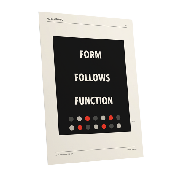 Form Follows Function, black, beige, red minimalist wall art shown as a unframed poster wall art print