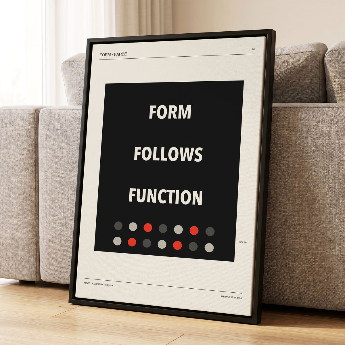Form Follows Function, black, beige, red minimalist wall art displayed in a styled interior, gallery view 1
