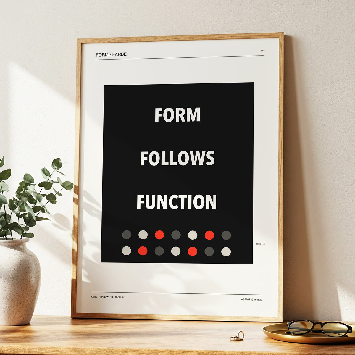 Form Follows Function, black, beige, red minimalist wall art displayed in a styled interior, gallery view 2