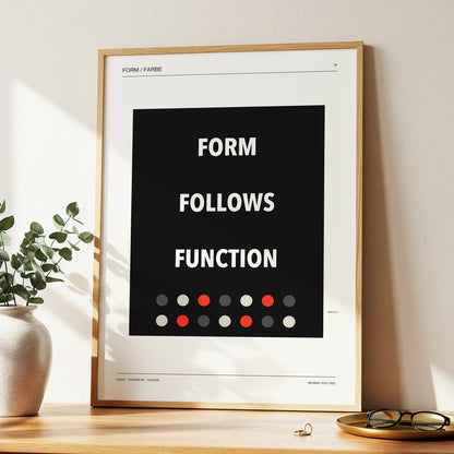 Form Follows Function, black, beige, red minimalist wall art displayed in a styled interior, gallery view 2