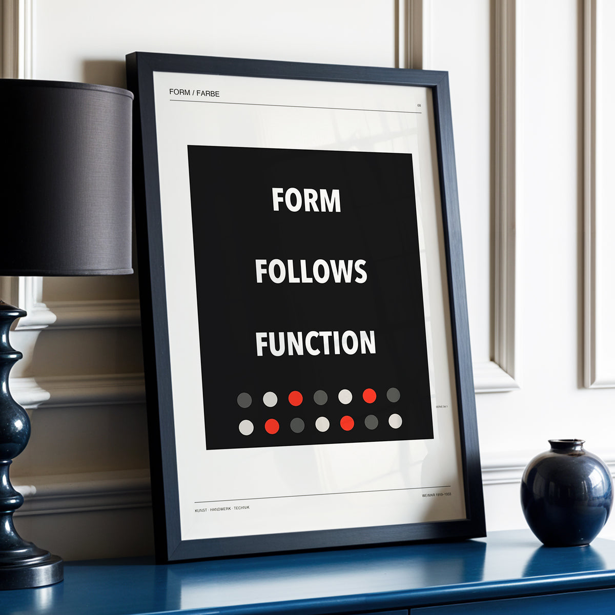 Form Follows Function, black, beige, red minimalist wall art displayed in a styled interior, gallery view 3