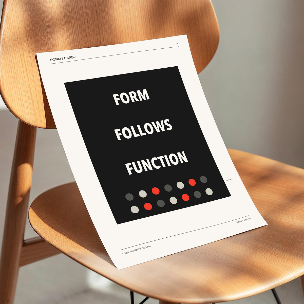 Form Follows Function, black, beige, red minimalist wall art displayed in a styled interior, gallery view 4