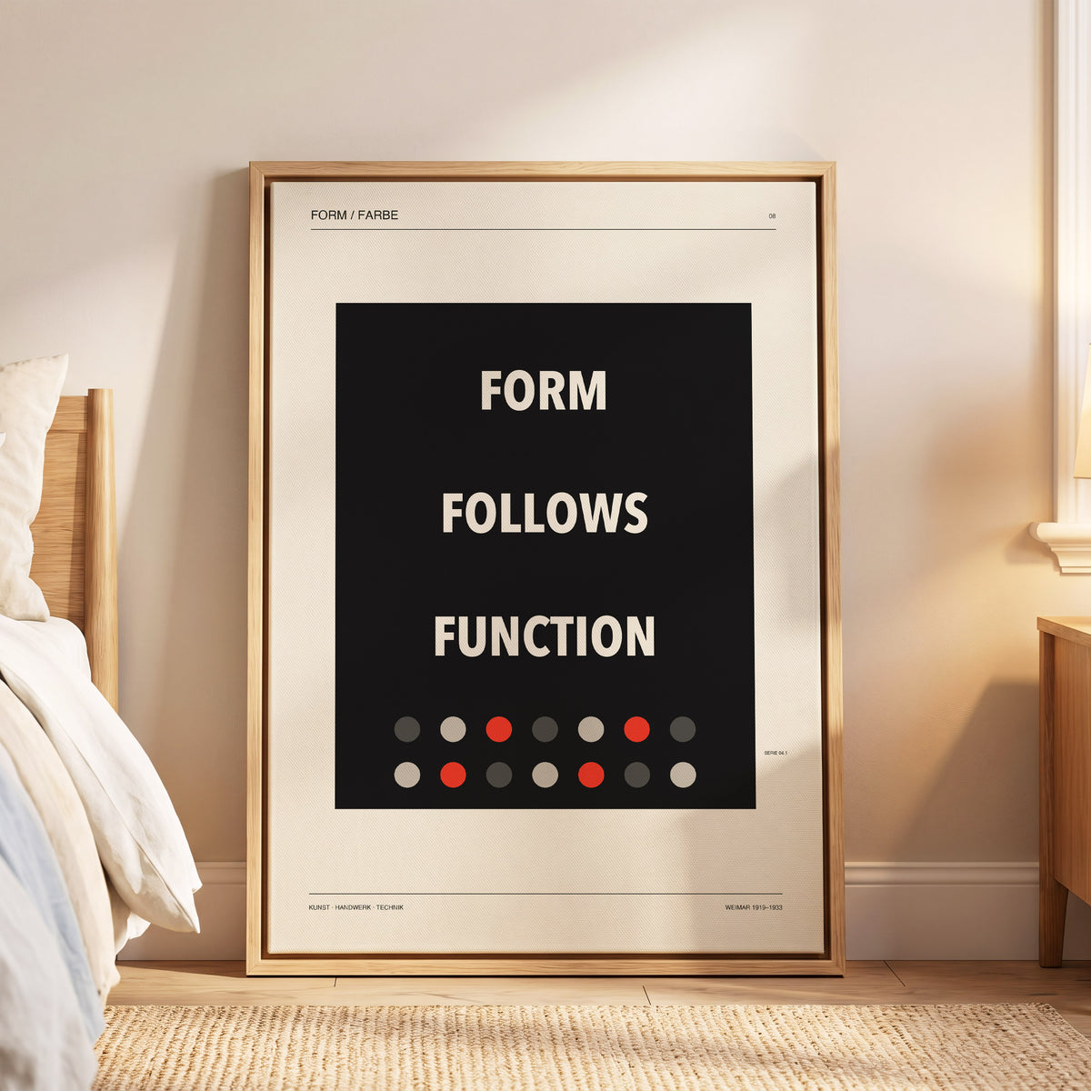 Form Follows Function, black, beige, red minimalist wall art displayed in a styled interior, gallery view 5