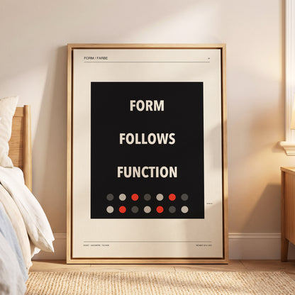 Form Follows Function, black, beige, red minimalist wall art displayed in a styled interior, gallery view 5