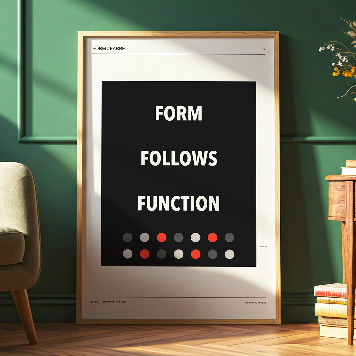 Form Follows Function, black, beige, red minimalist wall art displayed in a styled interior, gallery view 6