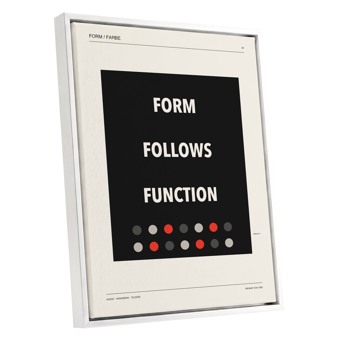 Form Follows Function, black, beige, red minimalist wall art shown as a white framed canvas wall art