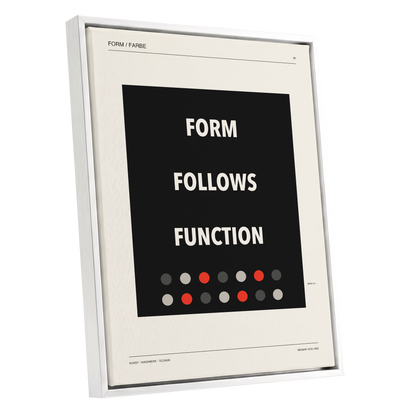 Form Follows Function, black, beige, red minimalist wall art shown as a white framed canvas wall art