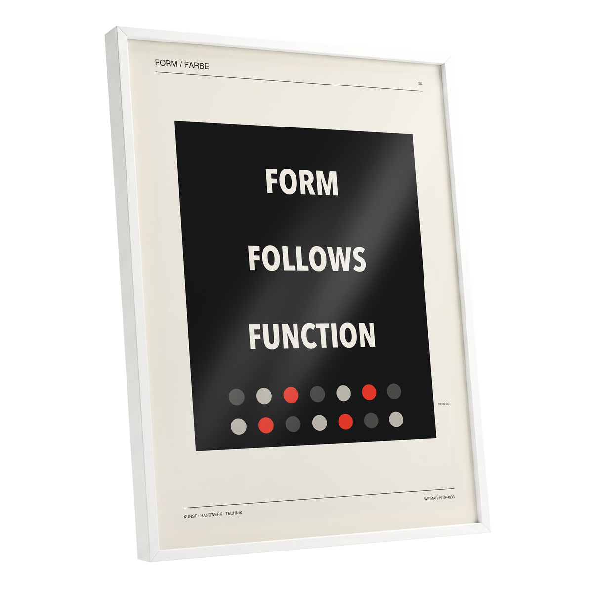 Form Follows Function, black, beige, red minimalist wall art shown as a white framed poster wall art print