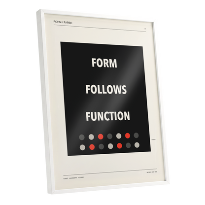 Form Follows Function, black, beige, red minimalist wall art shown as a white framed poster wall art print
