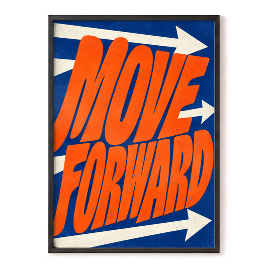 Forward in Orange, orange, blue, beige abstract wall art, front artwork view