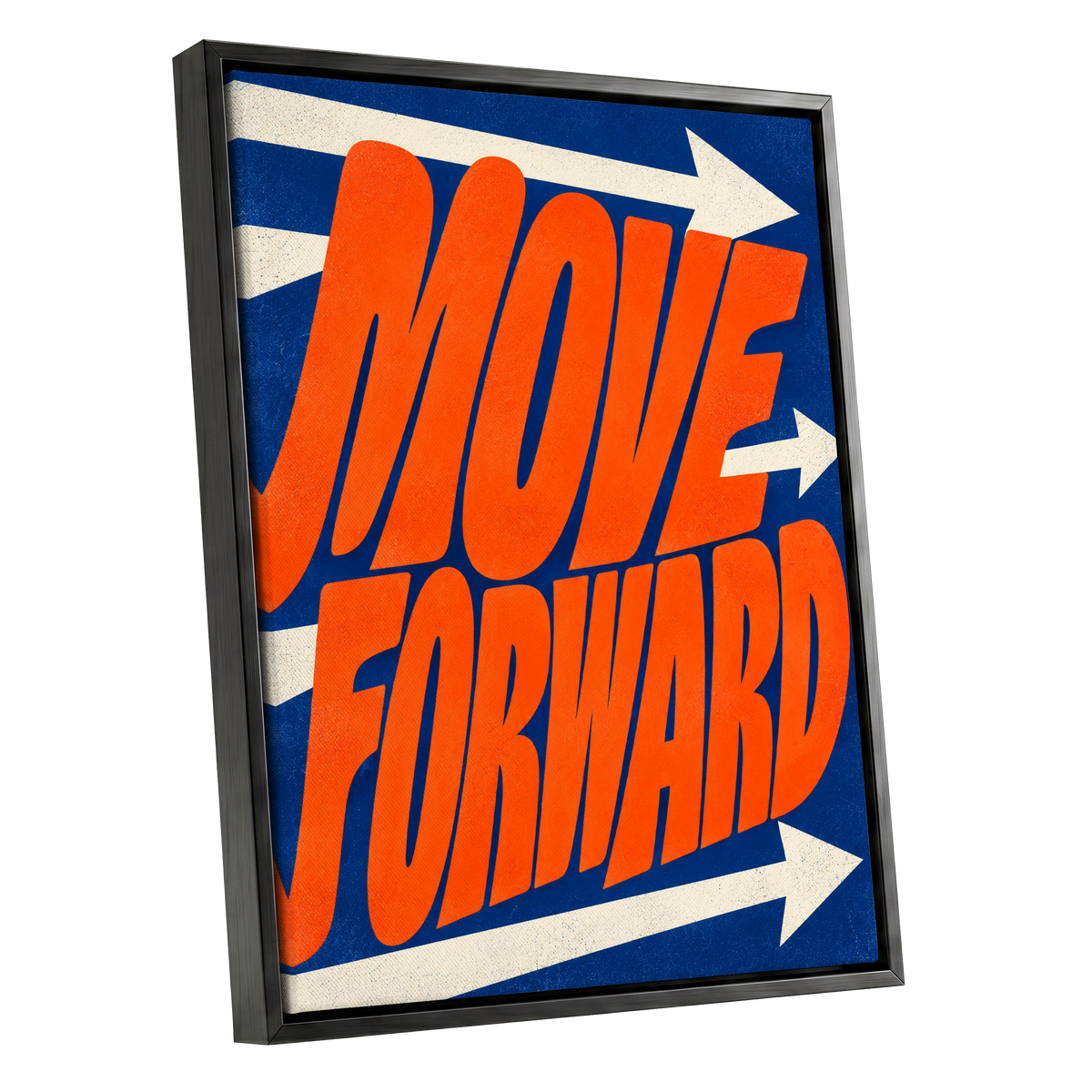 Forward in Orange, orange, blue, beige abstract wall art shown as a black framed canvas wall art