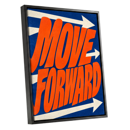 Forward in Orange, orange, blue, beige abstract wall art shown as a black framed canvas wall art