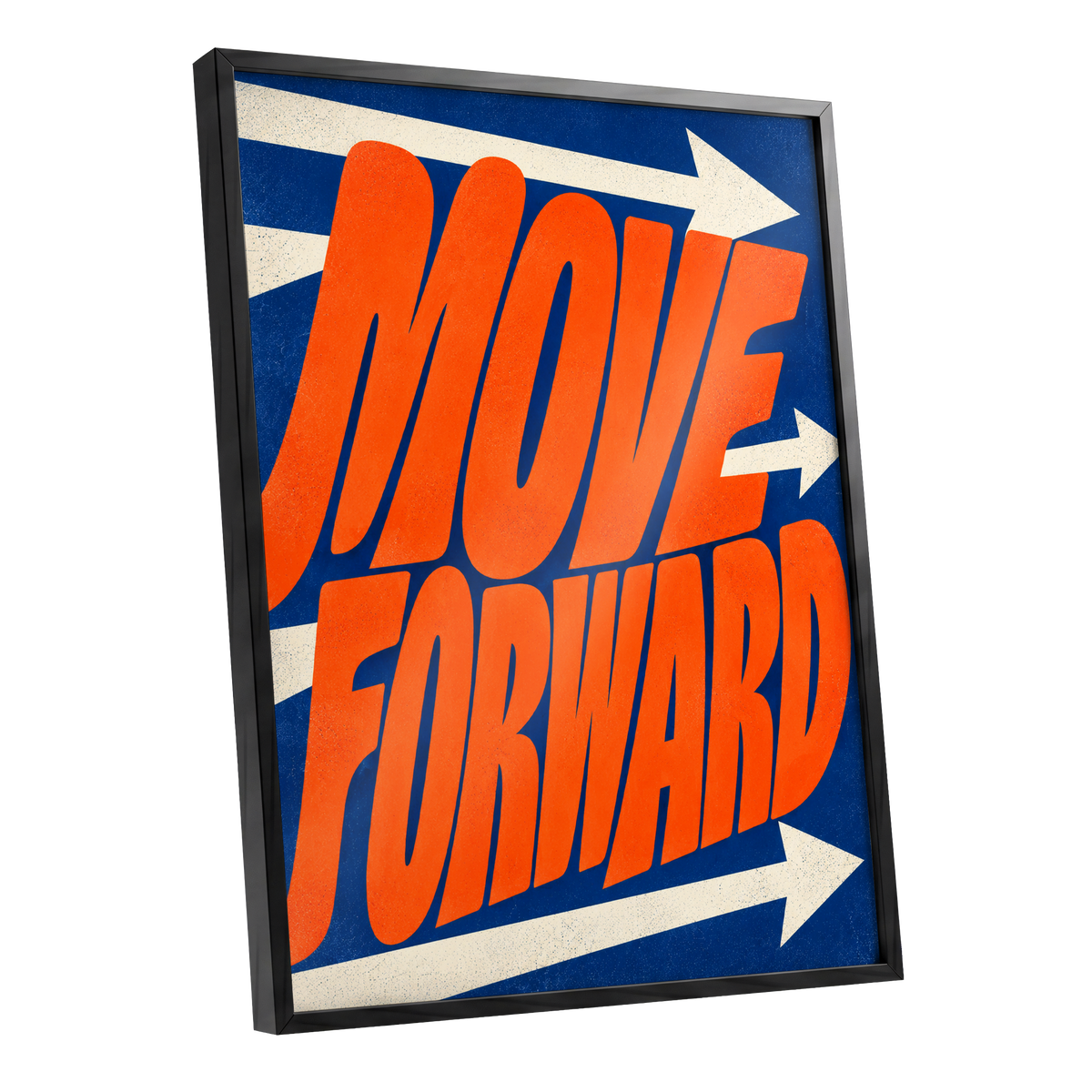 Forward in Orange, orange, blue, beige abstract wall art shown as a black framed poster wall art print