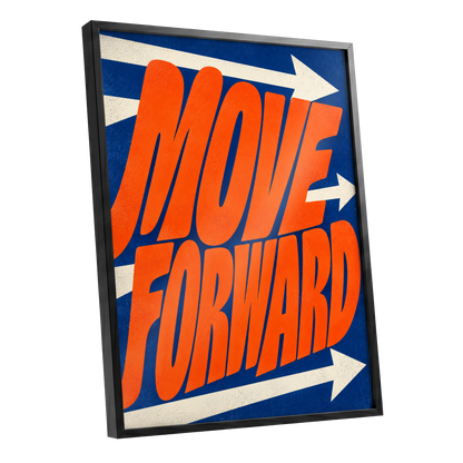 Forward in Orange, orange, blue, beige abstract wall art shown as a black framed poster wall art print