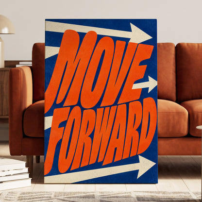 Forward in Orange, orange, blue, beige abstract wall art on canvas displayed in a styled interior, gallery view 1