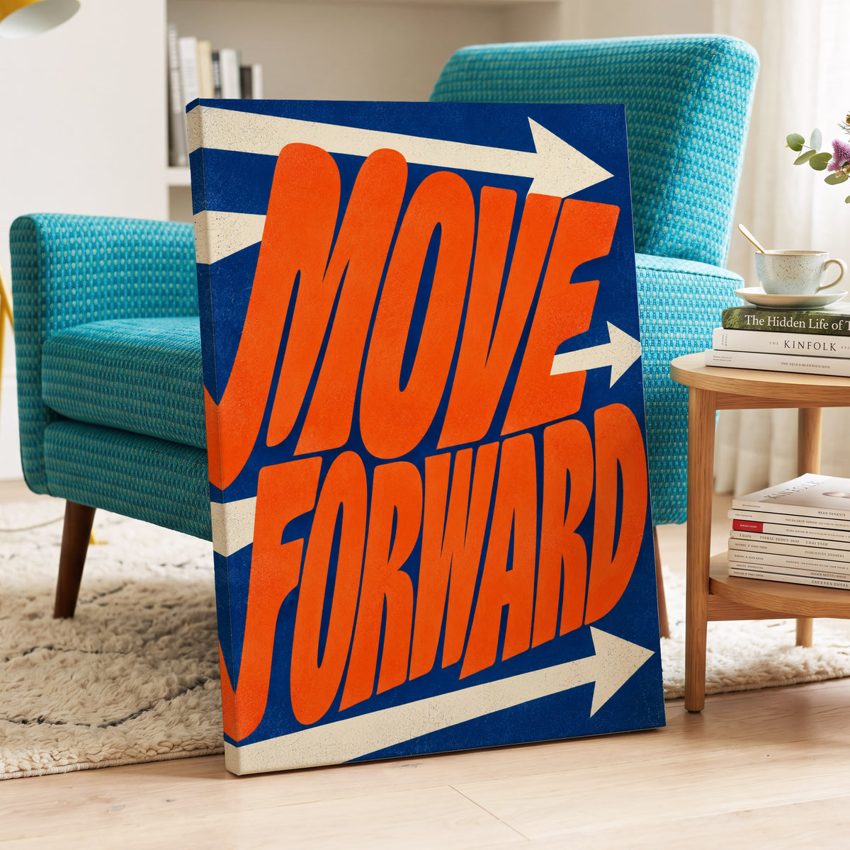 Forward in Orange, orange, blue, beige abstract wall art on canvas displayed in a styled interior, gallery view 2