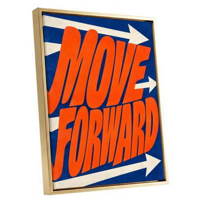 Forward in Orange, orange, blue, beige abstract wall art shown as a gold framed canvas wall art