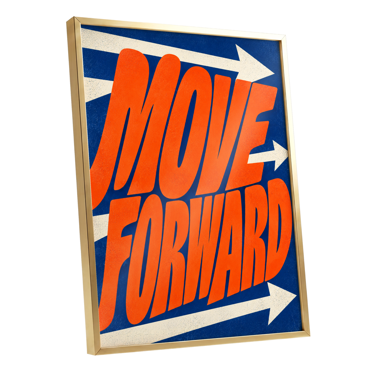 Forward in Orange, orange, blue, beige abstract wall art shown as a gold framed poster wall art print