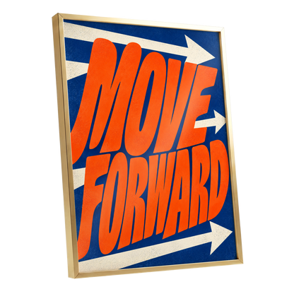 Forward in Orange, orange, blue, beige abstract wall art shown as a gold framed poster wall art print