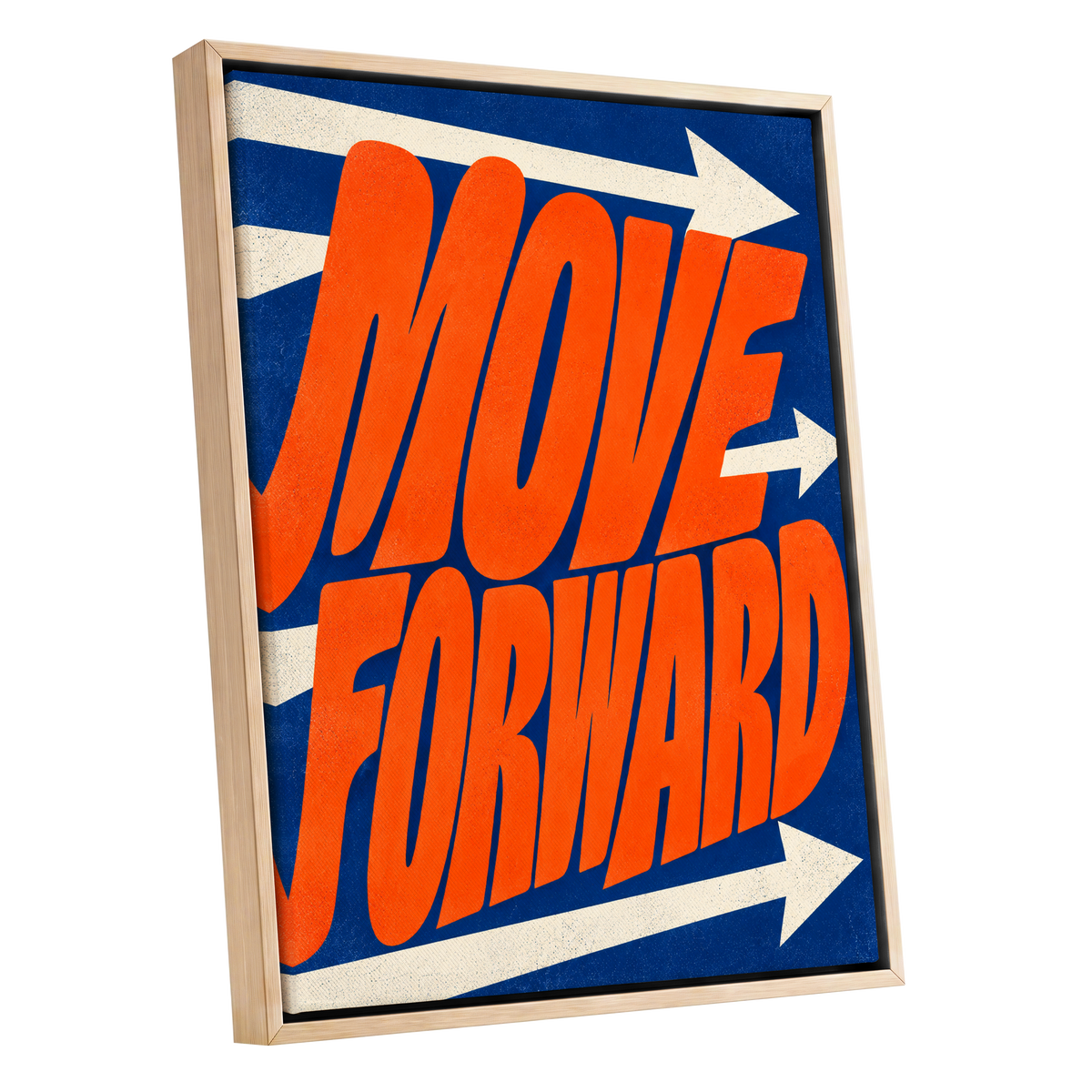 Forward in Orange, orange, blue, beige abstract wall art shown as a oak framed canvas wall art