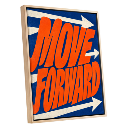 Forward in Orange, orange, blue, beige abstract wall art shown as a oak framed canvas wall art
