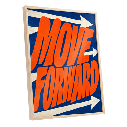 Forward in Orange, orange, blue, beige abstract wall art shown as a oak framed poster wall art print