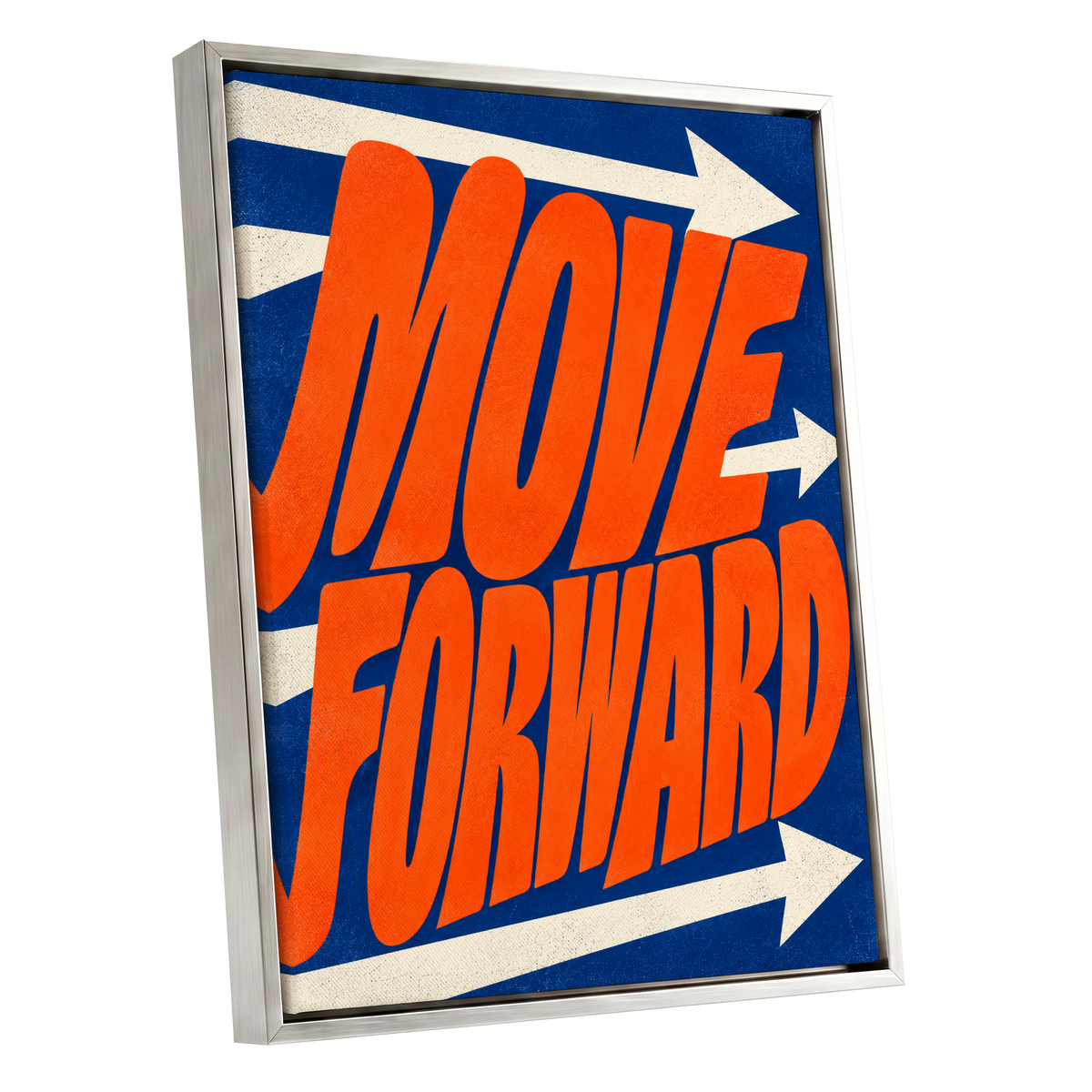 Forward in Orange, orange, blue, beige abstract wall art shown as a silver framed canvas wall art