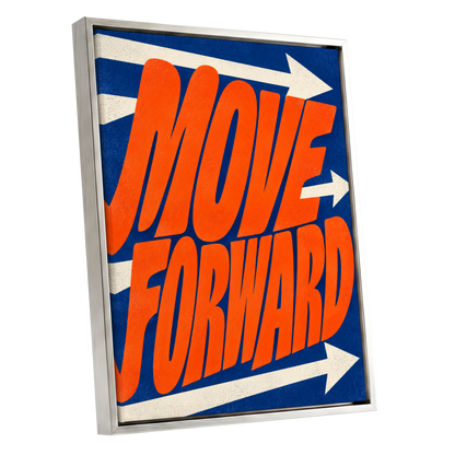 Forward in Orange, orange, blue, beige abstract wall art shown as a silver framed canvas wall art