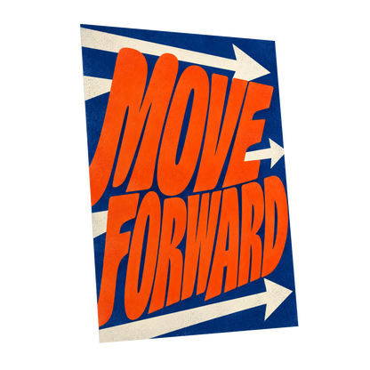 Forward in Orange, orange, blue, beige abstract wall art shown as a unframed poster wall art print