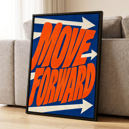 Forward in Orange, orange, blue, beige abstract wall art displayed in a styled interior, gallery view 1