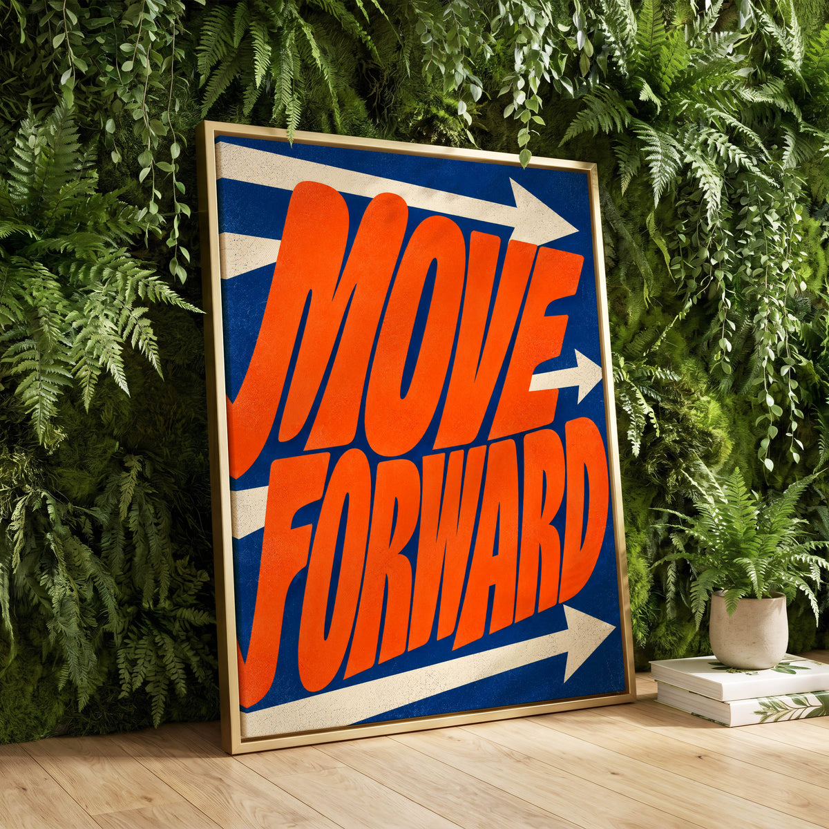 Forward in Orange, orange, blue, beige abstract wall art displayed in a styled interior, gallery view 2