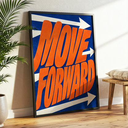Forward in Orange, orange, blue, beige abstract wall art displayed in a styled interior, gallery view 3