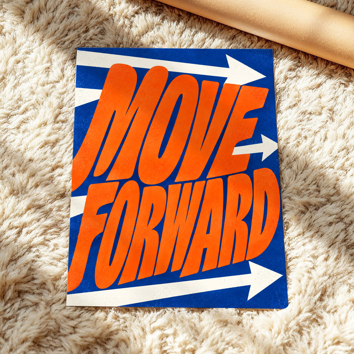 Forward in Orange, orange, blue, beige abstract wall art displayed in a styled interior, gallery view 4