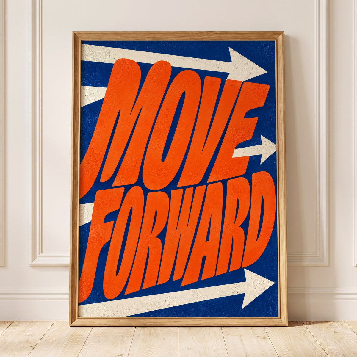 Forward in Orange, orange, blue, beige abstract wall art displayed in a styled interior, gallery view 5