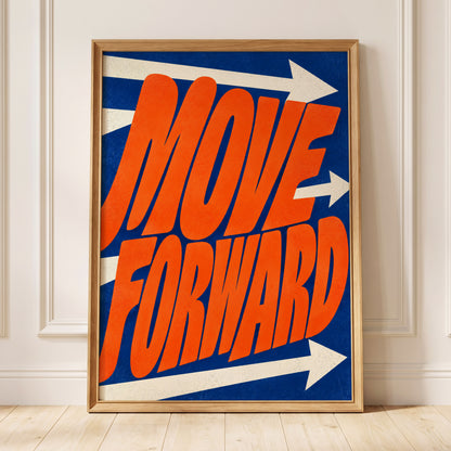Forward in Orange, orange, blue, beige abstract wall art displayed in a styled interior, gallery view 5