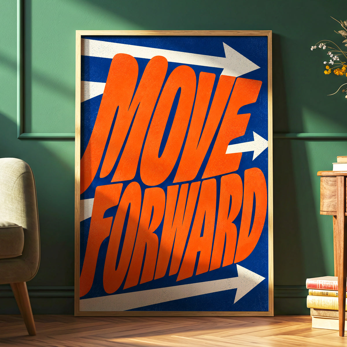 Forward in Orange, orange, blue, beige abstract wall art displayed in a styled interior, gallery view 6