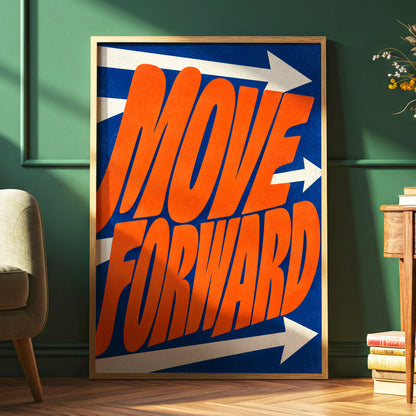 Forward in Orange, orange, blue, beige abstract wall art displayed in a styled interior, gallery view 6