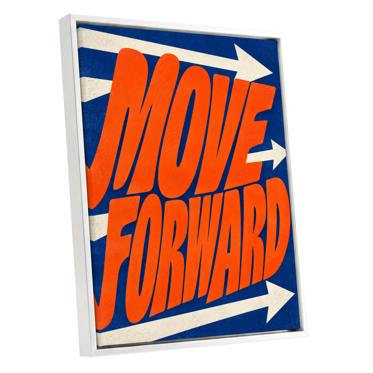 Forward in Orange, orange, blue, beige abstract wall art shown as a white framed canvas wall art