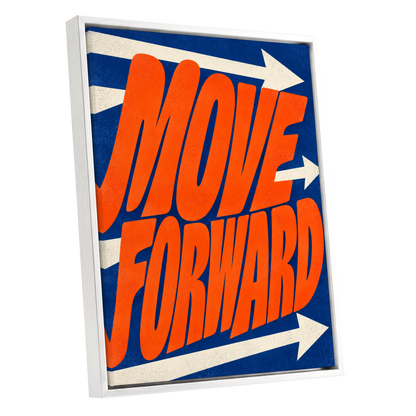 Forward in Orange, orange, blue, beige abstract wall art shown as a white framed canvas wall art