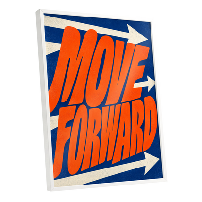 Forward in Orange, orange, blue, beige abstract wall art shown as a white framed poster wall art print