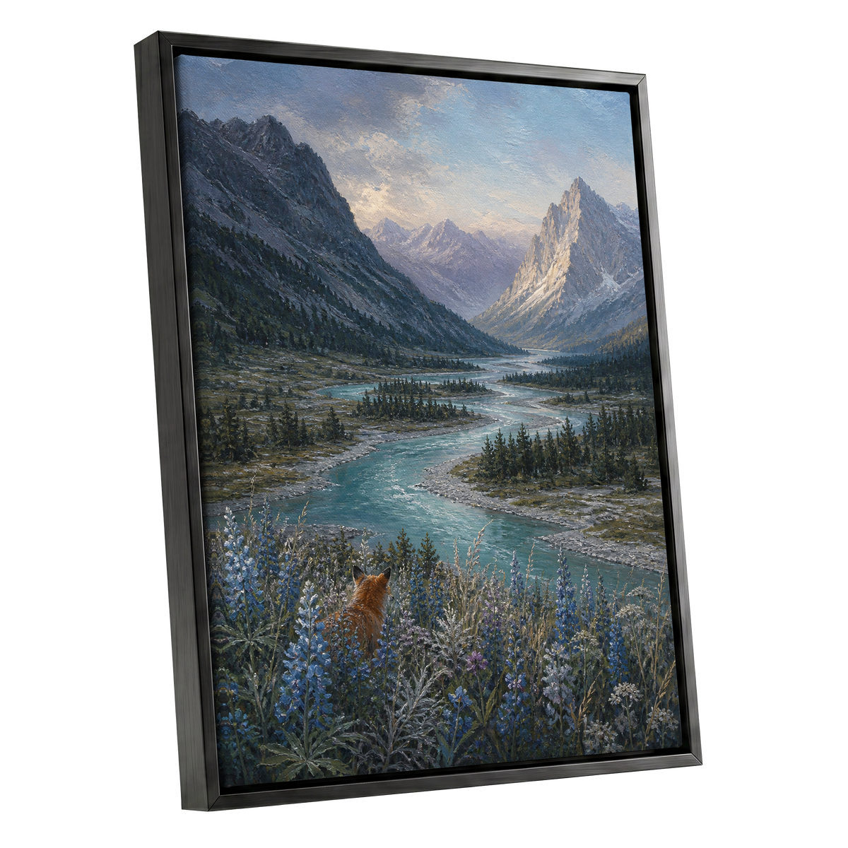 Fox Above the River, blue, gray, green nature wall art shown as a black framed canvas wall art