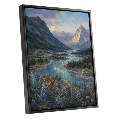 Fox Above the River, blue, gray, green nature wall art shown as a black framed canvas wall art