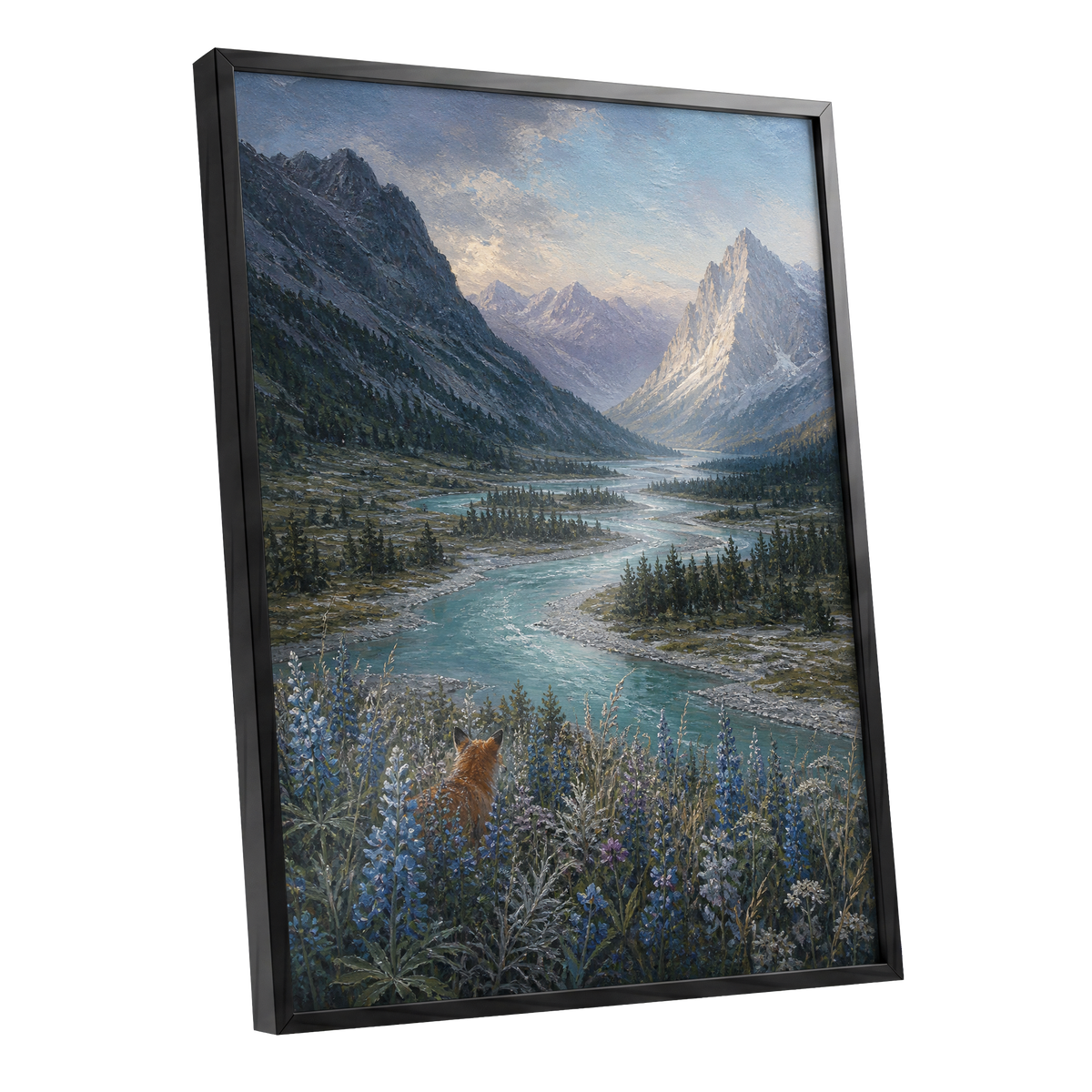 Fox Above the River, blue, gray, green nature wall art shown as a black framed poster wall art print