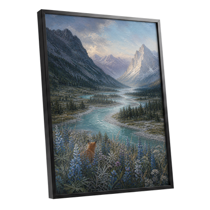 Fox Above the River, blue, gray, green nature wall art shown as a black framed poster wall art print