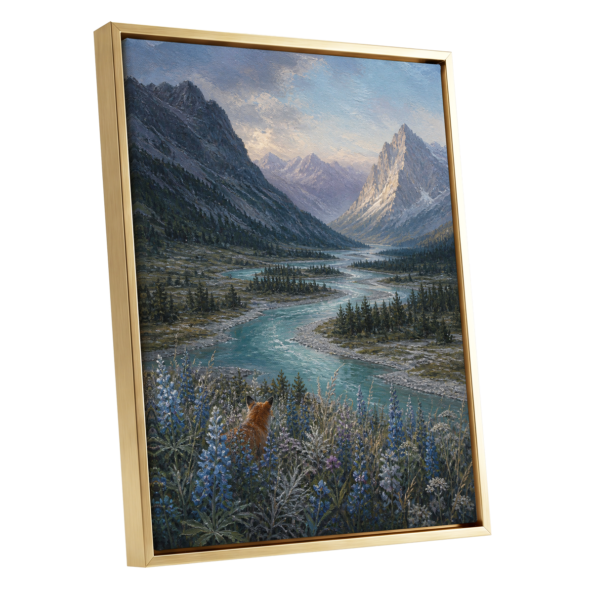 Fox Above the River, blue, gray, green nature wall art shown as a gold framed canvas wall art