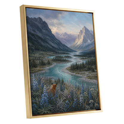Fox Above the River, blue, gray, green nature wall art shown as a gold framed canvas wall art