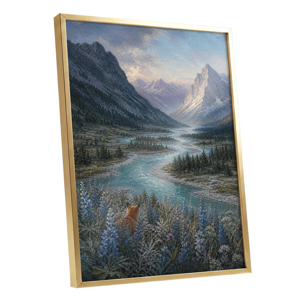 Fox Above the River, blue, gray, green nature wall art shown as a gold framed poster wall art print