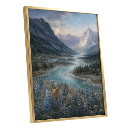 Fox Above the River, blue, gray, green nature wall art shown as a gold framed poster wall art print