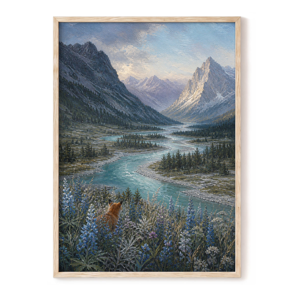 Fox Above the River, blue, gray, green nature wall art, front artwork view