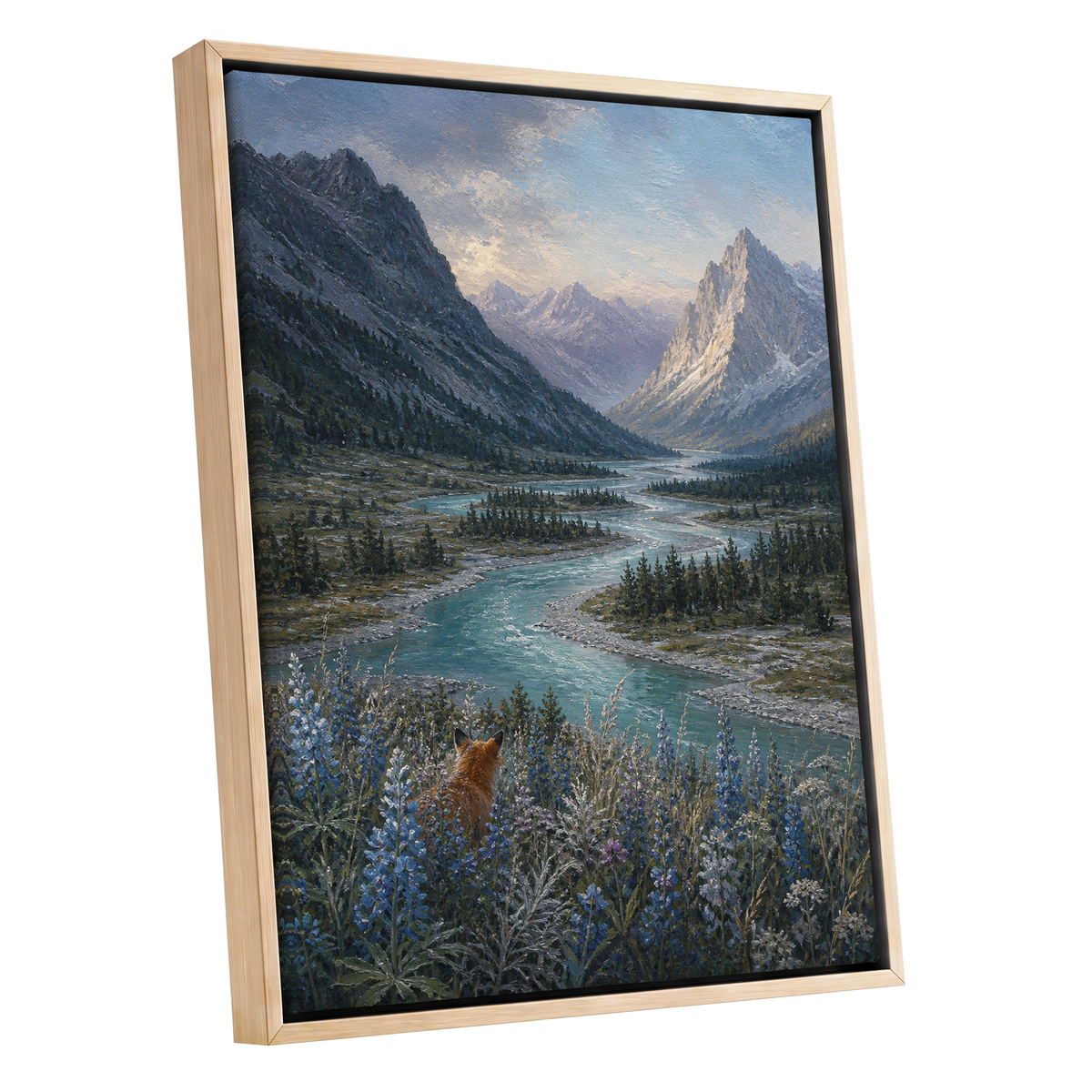 Fox Above the River, blue, gray, green nature wall art shown as a oak framed canvas wall art